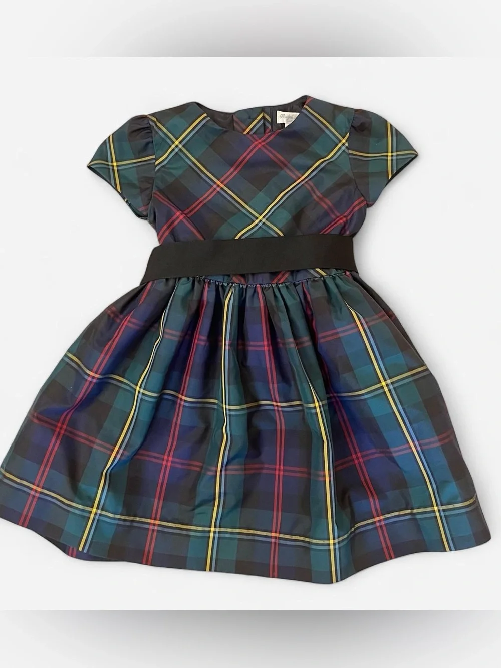 Ralph Lauren Navy Green Plaid Fit-and-Flare Dress with Black Waistband